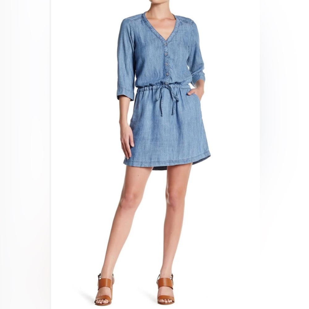 Michael Stars Denim Chambray Tencel Drawstring Waist Button Down Shirt Dress XS